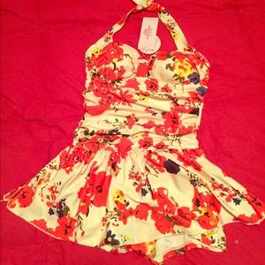 Skirted one piece halter women’s floral swimsuit